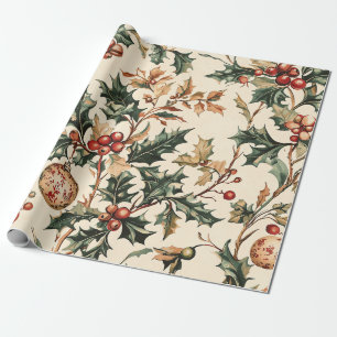 Antiek Rood Groen Hulst Brons Ornament Winter Cadeaupapier