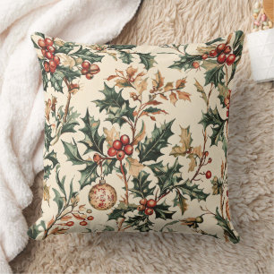 Antiek Rood Groen Hulst Brons Ornament Winter Kussen