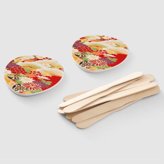 Antiek rood wit japans kimono bloembloem handwaaier (Niet-gemonteerd)