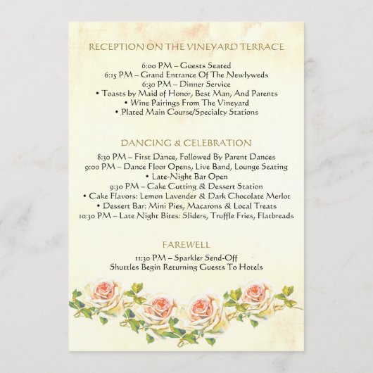 Antiek Roos 5 x 7 Huwelijksprogramma Flat Programmakaart (Achterkant)