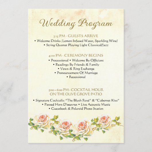 Antiek Roos 5 x 7 Huwelijksprogramma Flat Programmakaart (Voorkant)