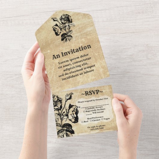  Antiek Roos All In One Uitnodiging (Afscheurbaar)