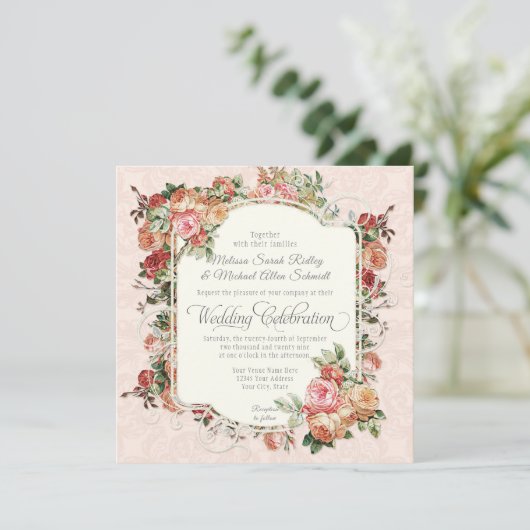  Antiek Roos Bloemen Boeket Vierkant Huwelijk Kaart (Staand voorkant)