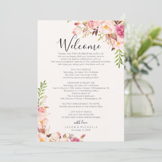 Antiek Roos bruiloft route - gastagenda Programmakaart (Staand voorkant)