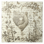 Antiek  Rooster Beige Toile Bloemen Script Tegeltje (Voorkant)