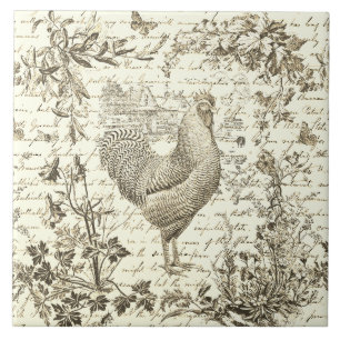 Antiek  Rooster Beige Toile Bloemen Script Tegeltje