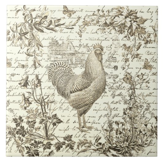 Antiek Rooster Beige Toile Bloemen Script Tegeltje (Voorkant)
