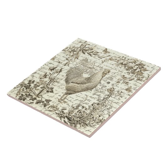Antiek  Rooster Beige Toile Bloemen Script Tegeltje (Zijkant)