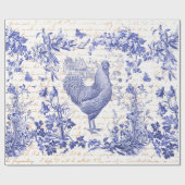Antiek  Rooster Blauw Toile Bloemen Script Cadeaupapier (Vlak)