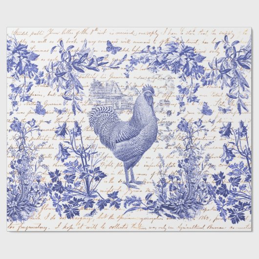 Antiek  Rooster Blauw Toile Bloemen Script Cadeaupapier (Vlak)