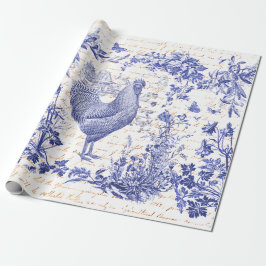 Antiek Rooster Blauw Toile Bloemen Script Cadeaupapier