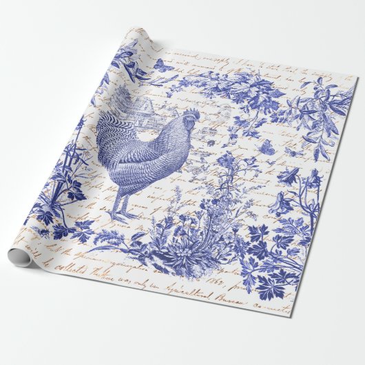Antiek  Rooster Blauw Toile Bloemen Script Cadeaupapier (Uitgerold)
