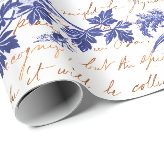 Antiek  Rooster Blauw Toile Bloemen Script Cadeaupapier (Rol Hoek)