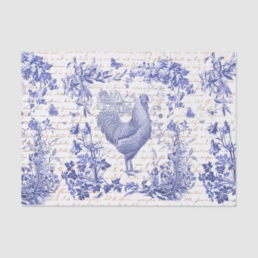 Antiek  Rooster Blauw Toile Bloemen Script Tissuepapier (Voorkant)