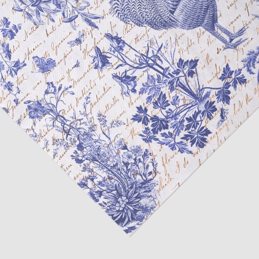 Antiek  Rooster Blauw Toile Bloemen Script Tissuepapier (Detail)