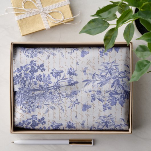 Antiek  Rooster Blauw Toile Bloemen Script Tissuepapier (Geschenk)