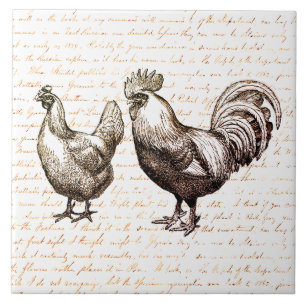 Antiek  Rooster Chicken Red Script Tegeltje