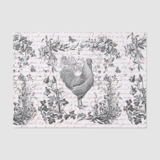 Antiek Rooster Grijs Bloemen Script Tissuepapier (Voorkant)