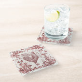 Antiek  Rooster Red Toile Bloemen Script Glazen Onderzetter (Schuin)