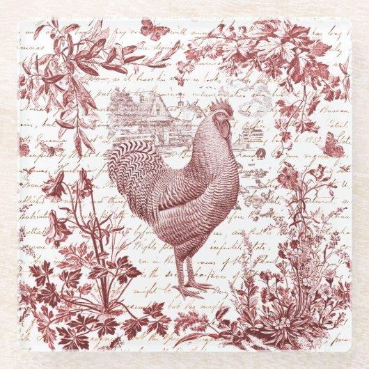 Antiek  Rooster Red Toile Bloemen Script Glazen Onderzetter (Voorkant)