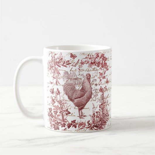 Antiek Rooster Red Toile Bloemen Script Koffiemok (Links)