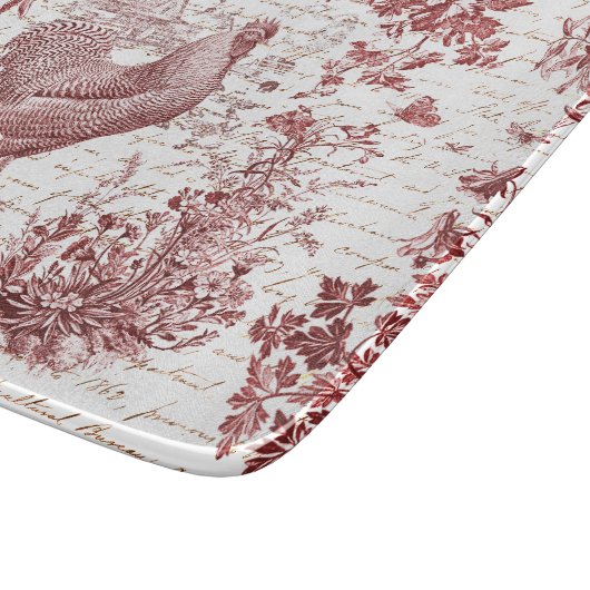 Antiek Rooster Red Toile Bloemen Script Snijplank (Hoek)