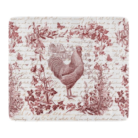 Antiek  Rooster Red Toile Bloemen Script Snijplank (Voorkant)
