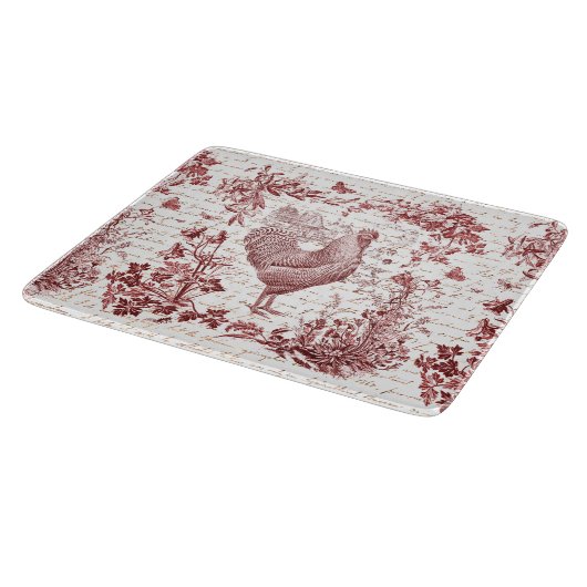 Antiek  Rooster Red Toile Bloemen Script Snijplank (Hoek)