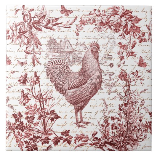 Antiek Rooster Red Toile Bloemen Script Tegeltje (Voorkant)
