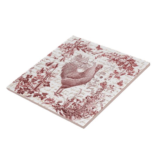 Antiek Rooster Red Toile Bloemen Script Tegeltje (Zijkant)