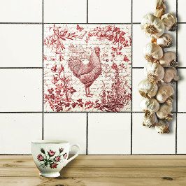 Antiek Rooster Red Toile Bloemen Script Tegeltje