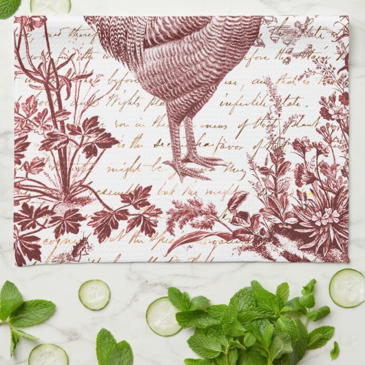 Antiek  Rooster Red Toile Bloemen Script Theedoek (Gevouwen)