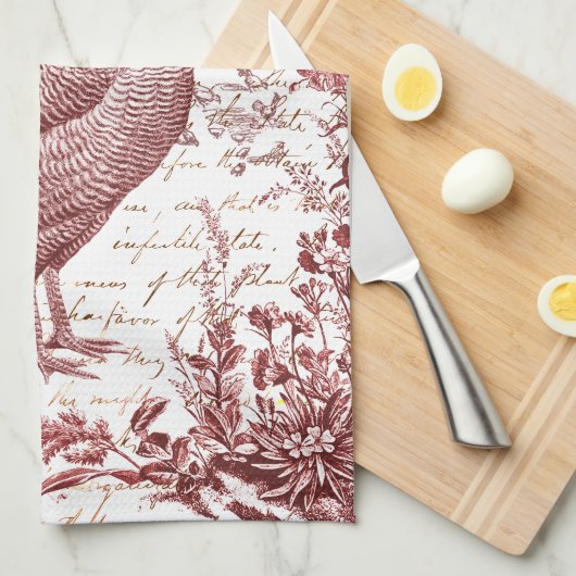 Antiek Rooster Red Toile Bloemen Script Theedoek (Quarter Fold)