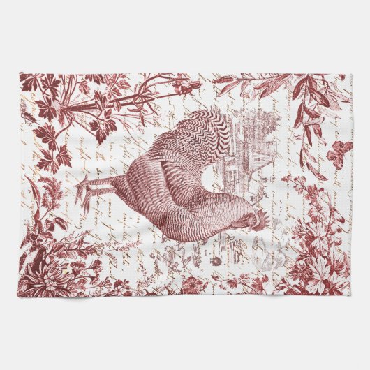 Antiek Rooster Red Toile Bloemen Script Theedoek (Horizontaal)