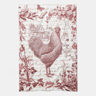 Antiek  Rooster Red Toile Bloemen Script Theedoek
