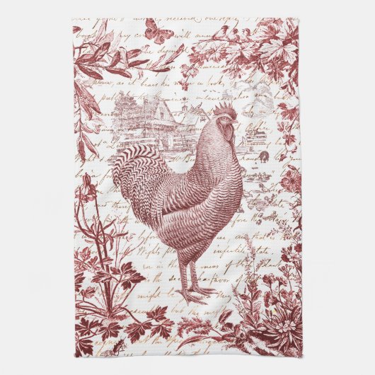 Antiek  Rooster Red Toile Bloemen Script Theedoek (Verticaal)