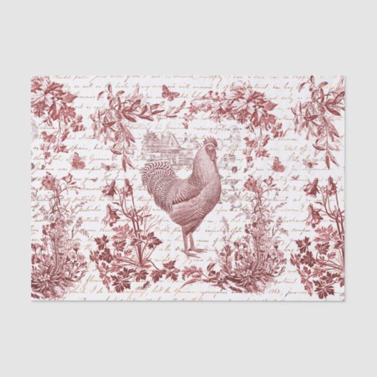 Antiek Rooster Red Toile Bloemen Script Tissuepapier (Voorkant)