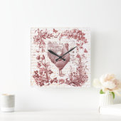 Antiek Rooster Red Toile Bloemen Script Vierkante Klok (Huis)