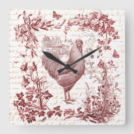 Antiek Rooster Red Toile Bloemen Script Vierkante Klok