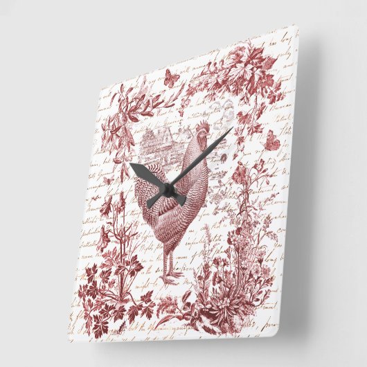 Antiek Rooster Red Toile Bloemen Script Vierkante Klok (Hoek)