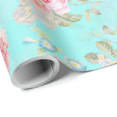 Antiek Rose Boeketten van Redouté op blauw Cadeaupapier (Rol Hoek)