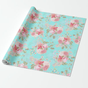 Antiek Rose Boeketten van Redouté op blauw Cadeaupapier