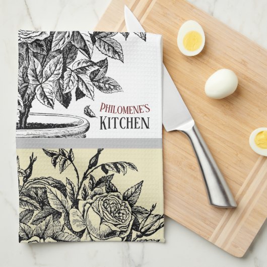 Antiek rosebush - Uw keuze voor tekst Theedoek (Quarter Fold)