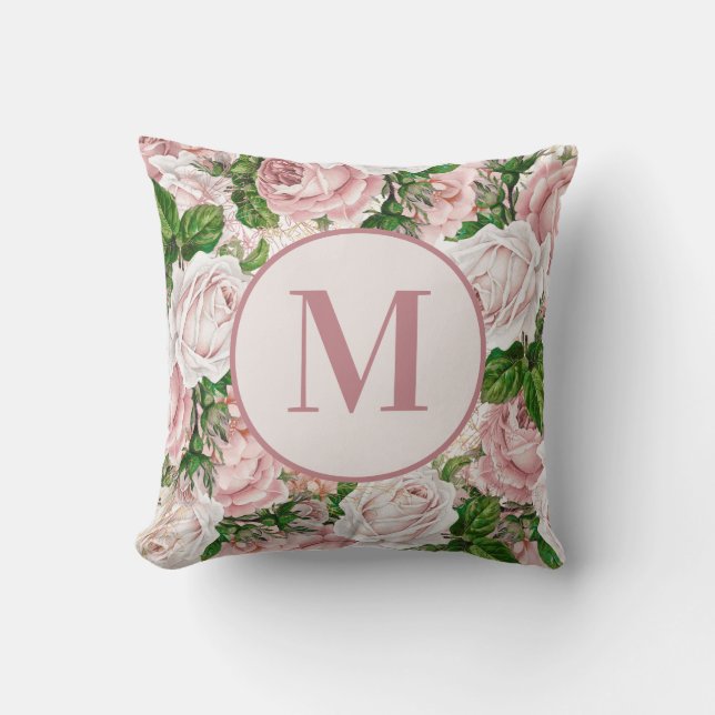  Antiek Roze Bloemen Monogram Initiaal Kussen (Voorkant)