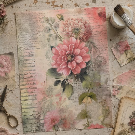 Antiek roze bloemig, Ephemera, Script Decoupage Tissuepapier