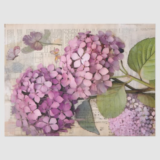 Antiek Roze Hydrangea Ephemera Script Decoupage Tissuepapier (Voorkant)