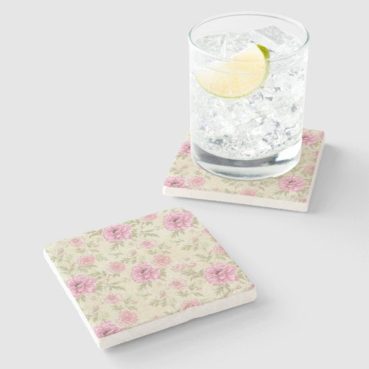  Antiek Roze Roze Floral botanisch Stenen Onderzetter (Zijkant)