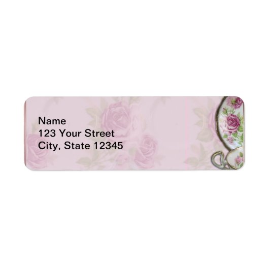 Antiek Roze Roze Thee Cup op Mauve Etiket (Voorkant)