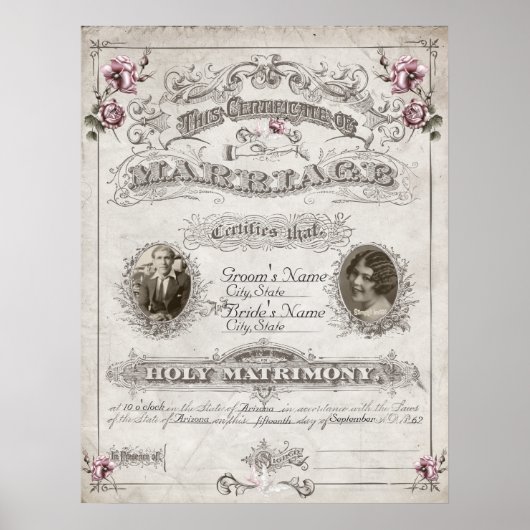 Antiek roze rozen  huwelijkscertificaat poster (Voorkant)