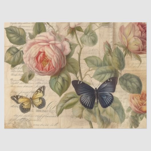 Antiek Roze Rozen met Vlinders Decoupage Tissuepapier (Voorkant)